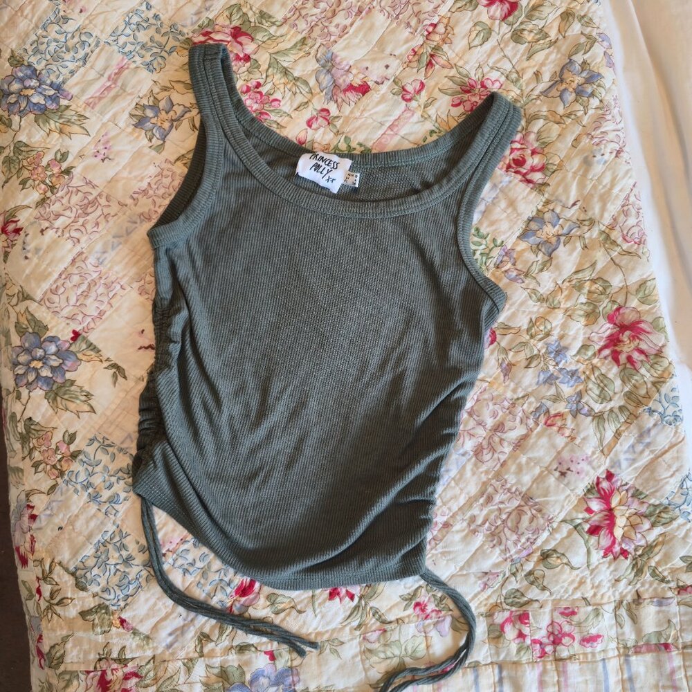 Princess Polly Ribbed Green Tank with Side Scrunch Ruching Ties, Size 4
